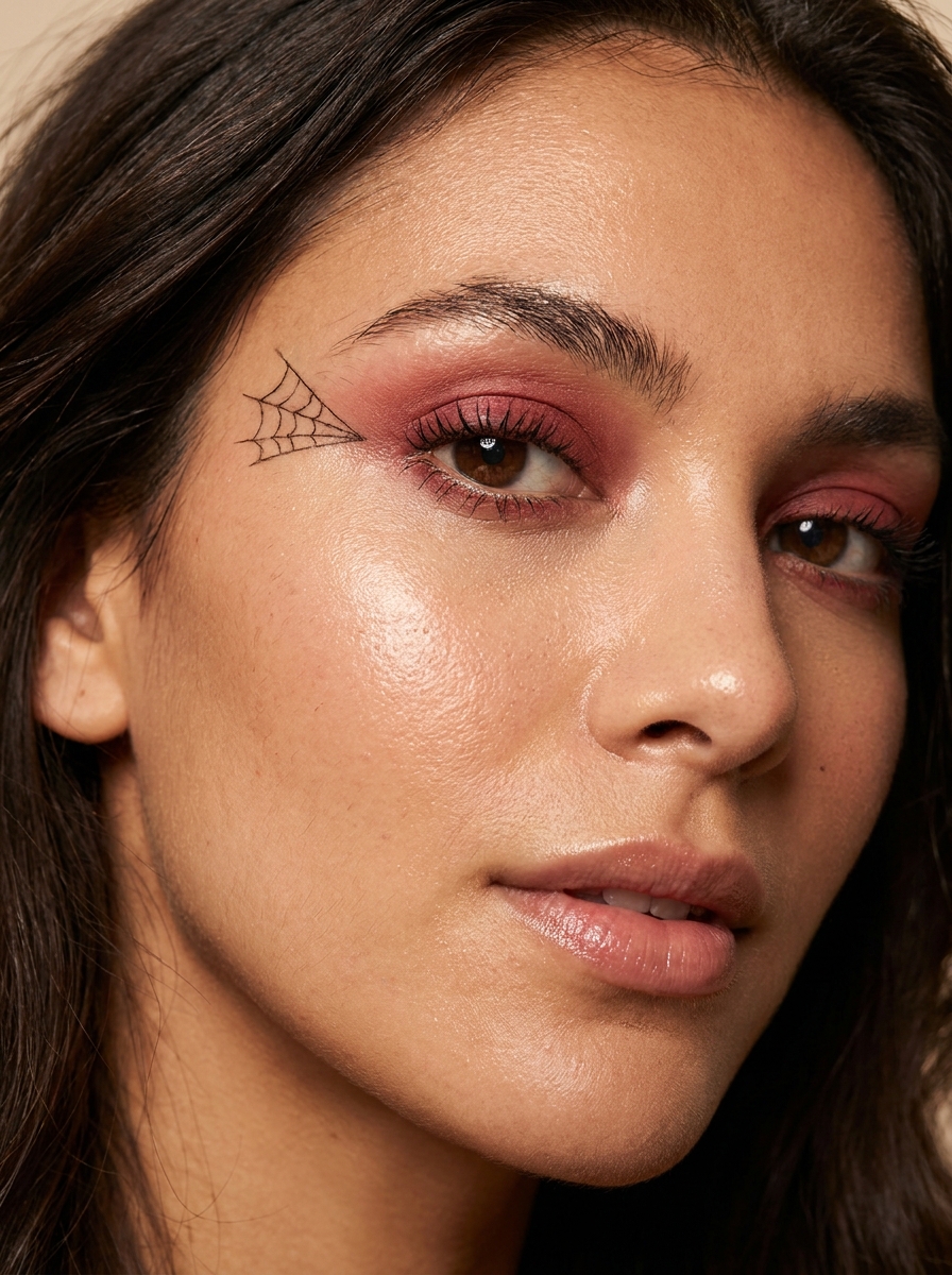 Rotes Glam Makeup mit Spinnenweb-Detail als Spiderman Makeup Inspiration 2026